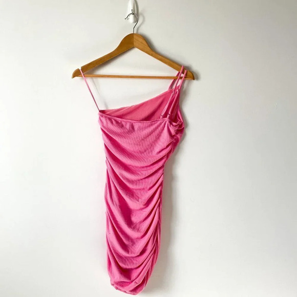 Princess Polly Reece One Shoulder Ribbed Ruched Mini Dress Bubblegum Pink Sz 6 - Picture 4 of 6